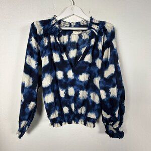 Porridge Womens Blue White Tie-Dye Long Sleeve Smocked Top Medium V-neck Casual